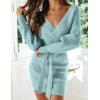 imageZESICA Womens Fall Long Batwing Sleeve Wrap V Neck Knitted Backless Bodycon Pullover Sweater Dress with BeltAqua