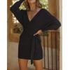 imageZESICA Womens Fall Long Batwing Sleeve Wrap V Neck Knitted Backless Bodycon Pullover Sweater Dress with BeltBlack