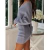 imageZESICA Womens Fall Long Batwing Sleeve Wrap V Neck Knitted Backless Bodycon Pullover Sweater Dress with BeltBlue