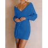 imageZESICA Womens Fall Long Batwing Sleeve Wrap V Neck Knitted Backless Bodycon Pullover Sweater Dress with BeltBrightblue