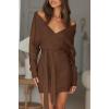 imageZESICA Womens Fall Long Batwing Sleeve Wrap V Neck Knitted Backless Bodycon Pullover Sweater Dress with BeltBrown