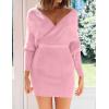 imageZESICA Womens Fall Long Batwing Sleeve Wrap V Neck Knitted Backless Bodycon Pullover Sweater Dress with BeltCandypink