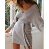 imageZESICA Womens Fall Long Batwing Sleeve Wrap V Neck Knitted Backless Bodycon Pullover Sweater Dress with BeltGrey