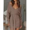 imageZESICA Womens Fall Long Batwing Sleeve Wrap V Neck Knitted Backless Bodycon Pullover Sweater Dress with BeltGreykhaki