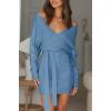 imageZESICA Womens Fall Long Batwing Sleeve Wrap V Neck Knitted Backless Bodycon Pullover Sweater Dress with BeltMidnightblue