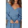 imageZESICA Womens Fall Long Batwing Sleeve Wrap V Neck Knitted Backless Bodycon Pullover Sweater Dress with BeltMidnightblue