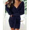 imageZESICA Womens Fall Long Batwing Sleeve Wrap V Neck Knitted Backless Bodycon Pullover Sweater Dress with BeltNavy