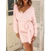 imageZESICA Womens Fall Long Batwing Sleeve Wrap V Neck Knitted Backless Bodycon Pullover Sweater Dress with BeltPink