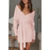 imageZESICA Womens Fall Long Batwing Sleeve Wrap V Neck Knitted Backless Bodycon Pullover Sweater Dress with BeltPink