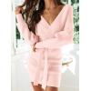 imageZESICA Womens Fall Long Batwing Sleeve Wrap V Neck Knitted Backless Bodycon Pullover Sweater Dress with BeltPink