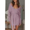 imageZESICA Womens Fall Long Batwing Sleeve Wrap V Neck Knitted Backless Bodycon Pullover Sweater Dress with BeltPurple
