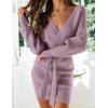imageZESICA Womens Fall Long Batwing Sleeve Wrap V Neck Knitted Backless Bodycon Pullover Sweater Dress with BeltPurple