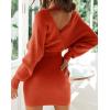 imageZESICA Womens Fall Long Batwing Sleeve Wrap V Neck Knitted Backless Bodycon Pullover Sweater Dress with BeltRustred