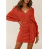 imageZESICA Womens Fall Long Batwing Sleeve Wrap V Neck Knitted Backless Bodycon Pullover Sweater Dress with BeltRustred