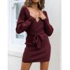imageZESICA Womens Fall Long Batwing Sleeve Wrap V Neck Knitted Backless Bodycon Pullover Sweater Dress with BeltWine
