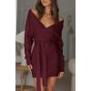 imageZESICA Womens Fall Long Batwing Sleeve Wrap V Neck Knitted Backless Bodycon Pullover Sweater Dress with BeltWine