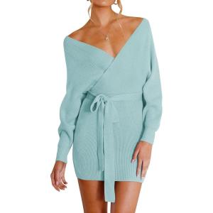 imageZESICA Womens Fall Long Batwing Sleeve Wrap V Neck Knitted Backless Bodycon Pullover Sweater Dress with BeltAqua