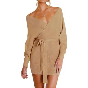 imageZESICA Womens Fall Long Batwing Sleeve Wrap V Neck Knitted Backless Bodycon Pullover Sweater Dress with BeltCamel