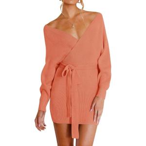 imageZESICA Womens Fall Long Batwing Sleeve Wrap V Neck Knitted Backless Bodycon Pullover Sweater Dress with BeltPeach