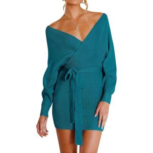 imageZESICA Womens Fall Long Batwing Sleeve Wrap V Neck Knitted Backless Bodycon Pullover Sweater Dress with BeltTeal