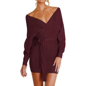 imageZESICA Womens Fall Long Batwing Sleeve Wrap V Neck Knitted Backless Bodycon Pullover Sweater Dress with BeltWine