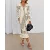imageZESICA Womens Striped Sweater Dress 2025 Spring Long Sleeve V Neck Button Elegant Slim Fit Bodycon Knit DressesApricot