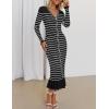imageZESICA Womens Striped Sweater Dress 2025 Spring Long Sleeve V Neck Button Elegant Slim Fit Bodycon Knit DressesBlack