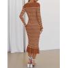 imageZESICA Womens Striped Sweater Dress 2025 Spring Long Sleeve V Neck Button Elegant Slim Fit Bodycon Knit DressesBrown