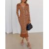 imageZESICA Womens Striped Sweater Dress 2025 Spring Long Sleeve V Neck Button Elegant Slim Fit Bodycon Knit DressesBrown