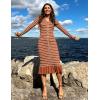 imageZESICA Womens Striped Sweater Dress 2025 Spring Long Sleeve V Neck Button Elegant Slim Fit Bodycon Knit DressesBrown