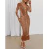 imageZESICA Womens Striped Sweater Dress 2025 Spring Long Sleeve V Neck Button Elegant Slim Fit Bodycon Knit DressesBrown