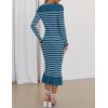 imageZESICA Womens Striped Sweater Dress 2025 Spring Long Sleeve V Neck Button Elegant Slim Fit Bodycon Knit DressesDusty Blue