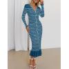 imageZESICA Womens Striped Sweater Dress 2025 Spring Long Sleeve V Neck Button Elegant Slim Fit Bodycon Knit DressesDusty Blue