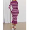 imageZESICA Womens Striped Sweater Dress 2025 Spring Long Sleeve V Neck Button Elegant Slim Fit Bodycon Knit DressesFuchsia