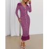 imageZESICA Womens Striped Sweater Dress 2025 Spring Long Sleeve V Neck Button Elegant Slim Fit Bodycon Knit DressesFuchsia