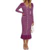 imageZESICA Womens Striped Sweater Dress 2025 Spring Long Sleeve V Neck Button Elegant Slim Fit Bodycon Knit DressesFuchsia