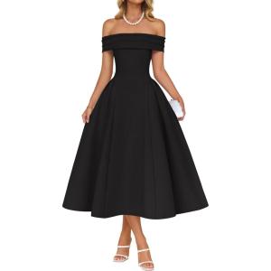 imageZESICA Cocktail Dress for Womens Elegant Off Shoulder Short Sleeve Swing A Line Wedding Evening Party Midi DressesBlack