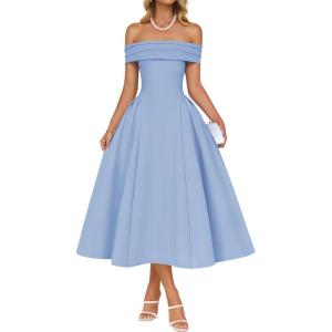 imageZESICA Cocktail Dress for Womens Elegant Off Shoulder Short Sleeve Swing A Line Wedding Evening Party Midi DressesBlue
