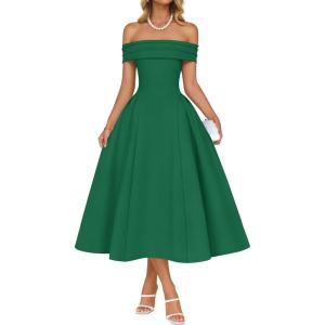 imageZESICA Cocktail Dress for Womens Elegant Off Shoulder Short Sleeve Swing A Line Wedding Evening Party Midi DressesGreen