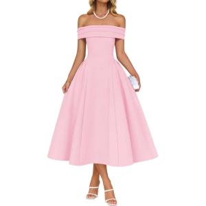 imageZESICA Cocktail Dress for Womens Elegant Off Shoulder Short Sleeve Swing A Line Wedding Evening Party Midi DressesPink