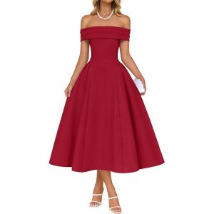 imageZESICA Cocktail Dress for Womens Elegant Off Shoulder Short Sleeve Swing A Line Wedding Evening Party Midi DressesRed