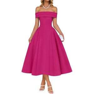 imageZESICA Cocktail Dress for Womens Elegant Off Shoulder Short Sleeve Swing A Line Wedding Evening Party Midi DressesRose