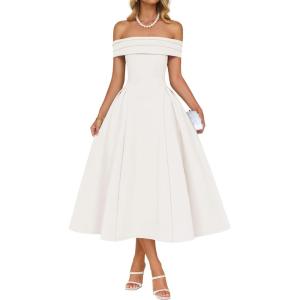 imageZESICA Cocktail Dress for Womens Elegant Off Shoulder Short Sleeve Swing A Line Wedding Evening Party Midi DressesWhite