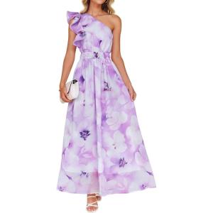 imageZESICA Womens 2025 Boho Floral Sleeveless Maxi Dress Ruffle One Shoulder Elatsic High Waist Beach Party Long DressesPurple