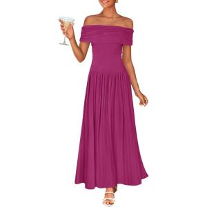 imageZESICA Womens Off The Shoulder Maxi Dress 2025 Summer Sleeveless Casual Slim Swing Pleated Formal Party DressesDragon Fruit