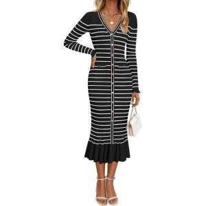 imageZESICA Womens Striped Sweater Dress 2025 Spring Long Sleeve V Neck Button Elegant Slim Fit Bodycon Knit DressesBlack