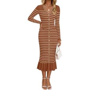 imageZESICA Womens Striped Sweater Dress 2025 Spring Long Sleeve V Neck Button Elegant Slim Fit Bodycon Knit DressesBrown
