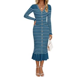 imageZESICA Womens Striped Sweater Dress 2025 Spring Long Sleeve V Neck Button Elegant Slim Fit Bodycon Knit DressesDusty Blue