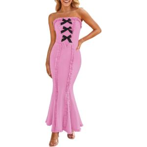 imageZESICA Womens Summer Elegant Off Shoulder Maxi Dress 2025 Sleeveless Mermaid Bodycon Wedding Party Long DressesPink