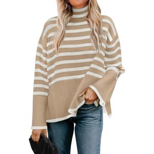 imageZESICA Womens Winter Sweaters Casual Turtleneck Long Sleeve Striped Side Slit Loose Pullover Sweater Jumper TopsKhaki